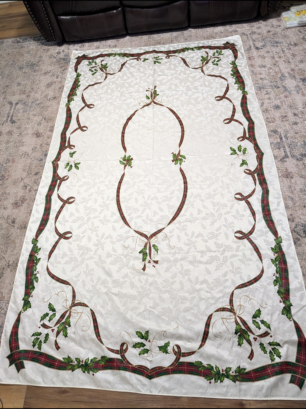 Lenox Cream Tablecloth 58" x 102" with Red and Green Plaid Holly Motif